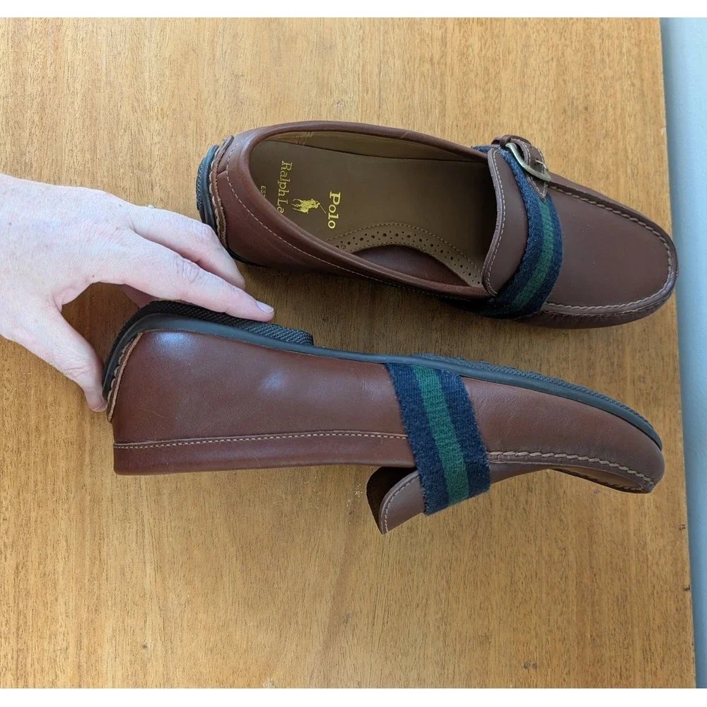 Polo Ralph Lauren Riali Leather Driving Loafers Men's 8D Brown Striped Buckle